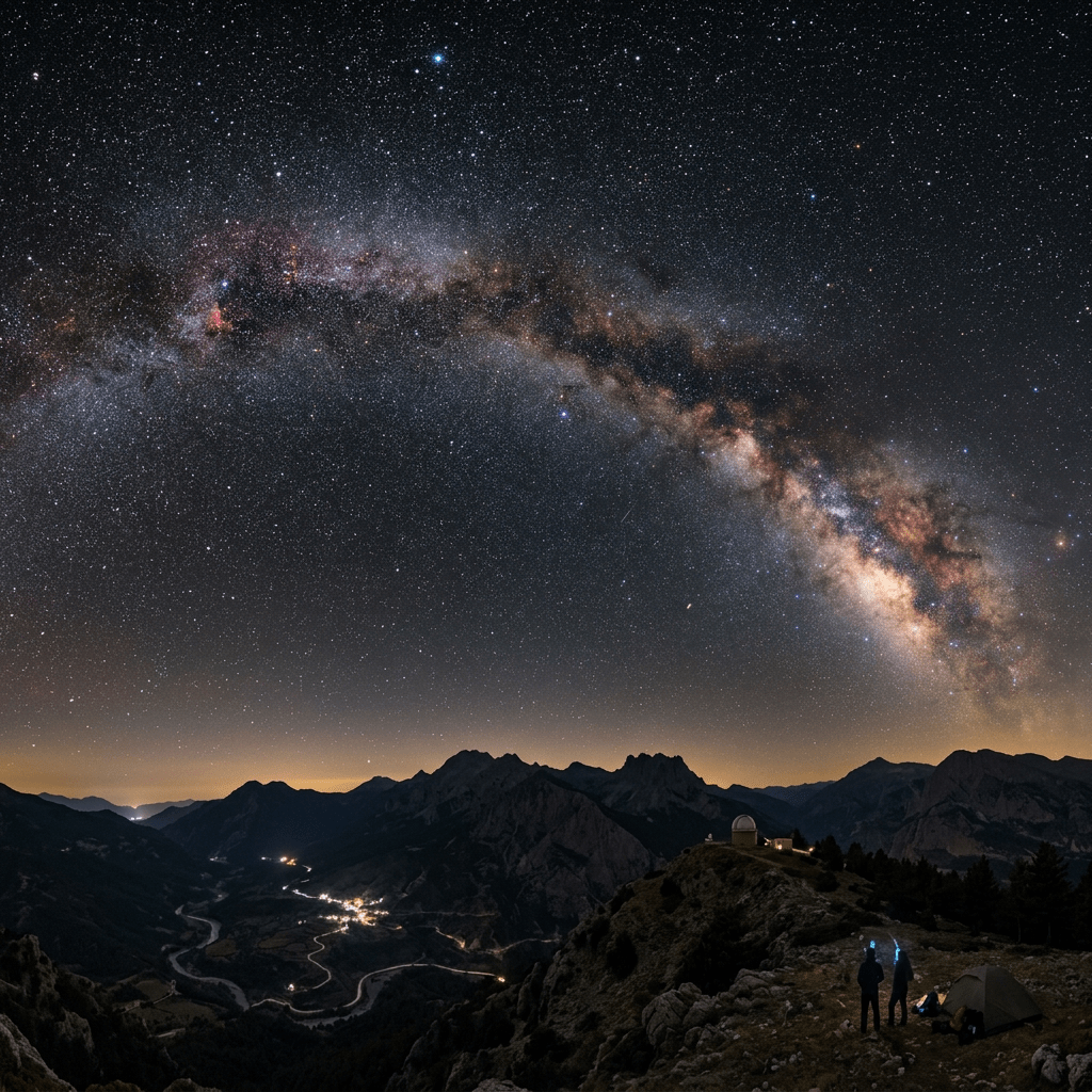 Milky Way over mountain peaks, valley lights, hikers, and observatory