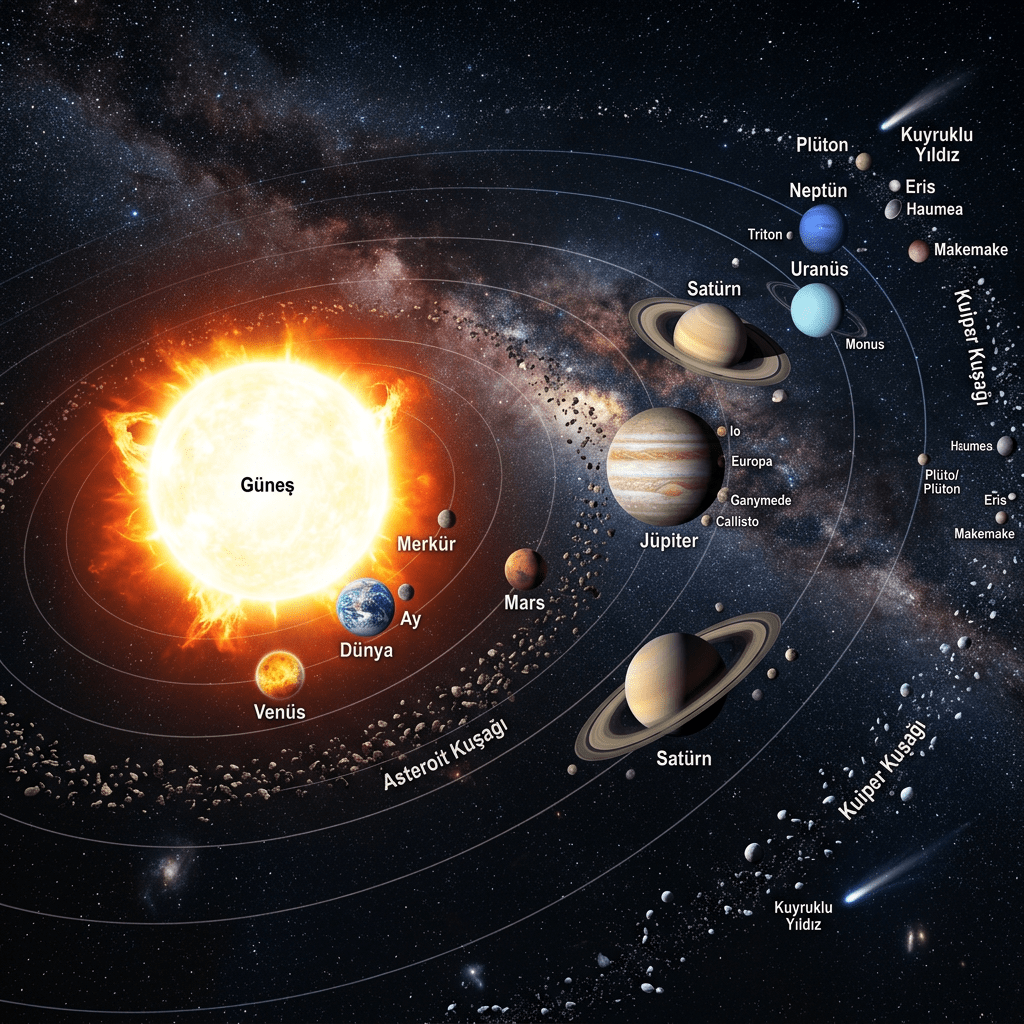 Güneş Sistemi şeması; Güneş, gezegenler, uydular, asteroit kuşağı ve Kuiper Kuşağı etiketli