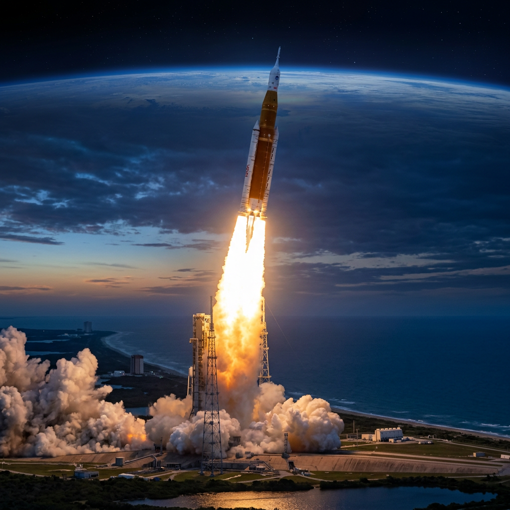 Rocket launching from a coastal spaceport at dusk
